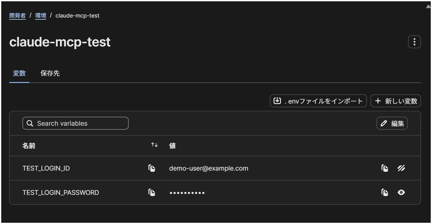 1Passwordアプリ（Windows）でのEnvironment表示。concealed: falseのTEST_LOGIN_IDは平文、concealed: trueのTEST_LOGIN_PASSWORDは伏字で表示される
