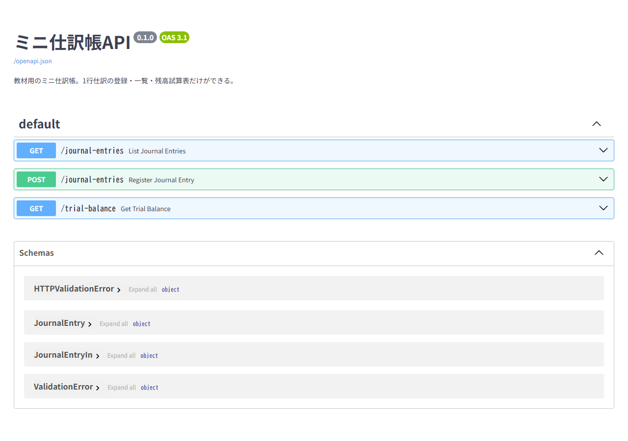 ミニ仕訳帳APIのSwagger UI。GET /journal-entries、POST /journal-entries、GET /trial-balanceの3エンドポイントと、それぞれのパラメータとスキーマが自動生成されている