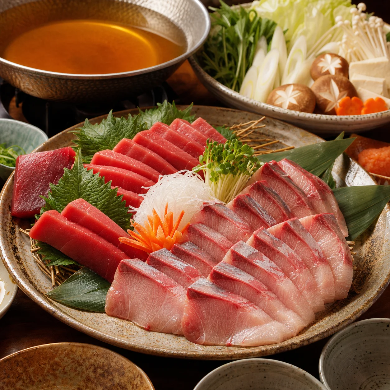 刺身盛り合わせと鍋料理